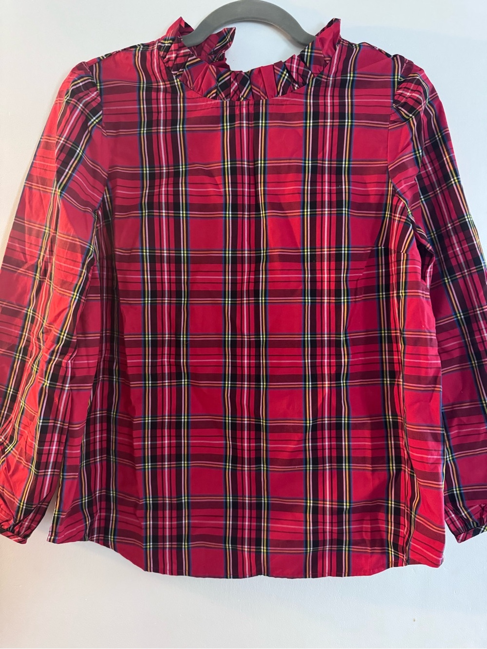 J. Crew Women’s Red Plaid Ruffle-Neck Long Sleeve Blouse